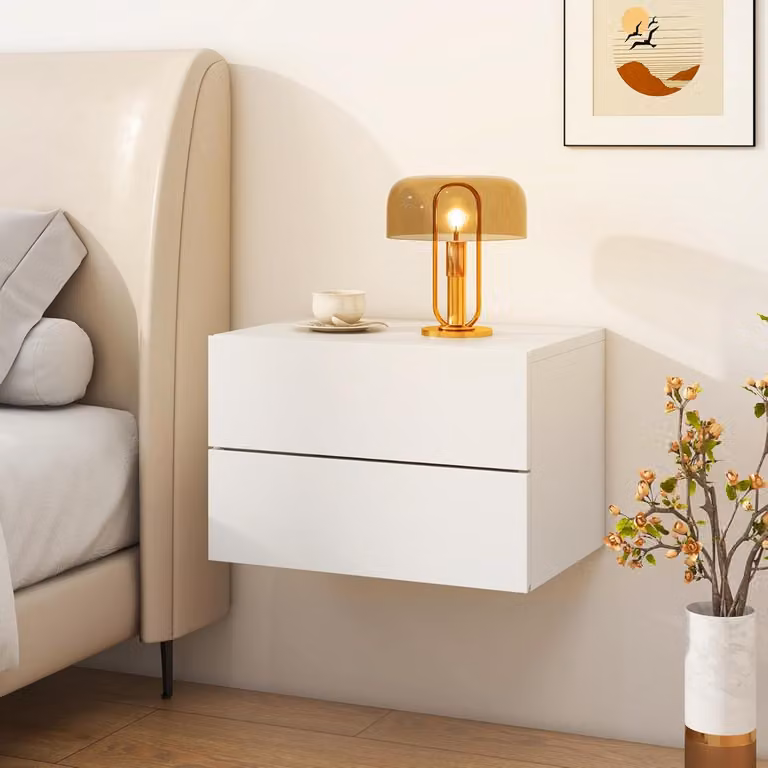 Set da 2 comodini Costway bianchi con cassetti, tavolini da letto sospesi moderni con spazio contenitivo