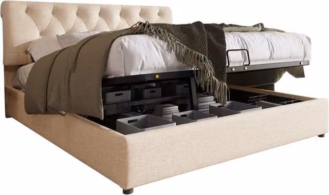 Letto matrimoniale 160x200 con contenitore ad apertura idraulica; testiera regolabile; imbottito in lino naturale