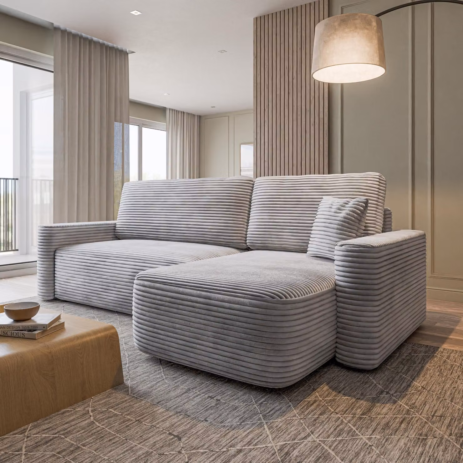 Divano ad angolo Masseno NERI T con funzione letto a L, divano con contenitore, divano da salotto, divano, divano letto, set divani - Grigio chiaro, TILIA 86
