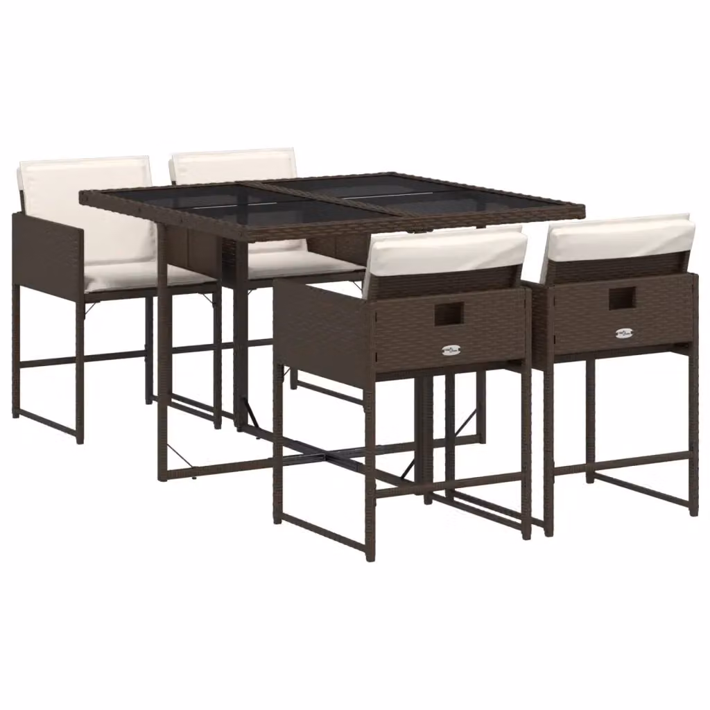 Set da Pranzo da Giardino vidaXL in Polyrattan e Metallo con Piano in Vetro e 5 Cuscini, Marrone e Nero – 2