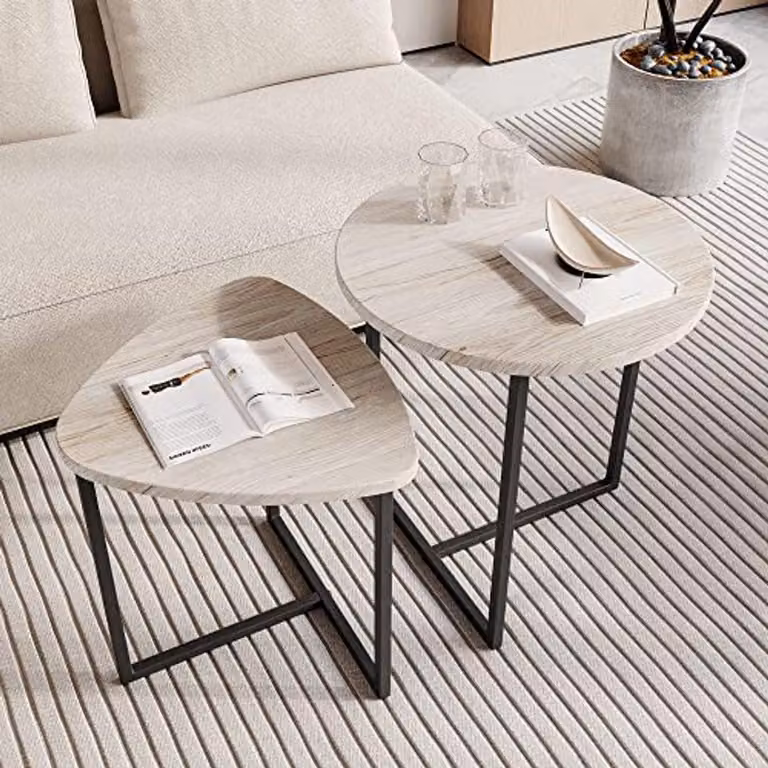 Set di due tavolini rotondi con piano in legno e struttura in metallo - Design moderno