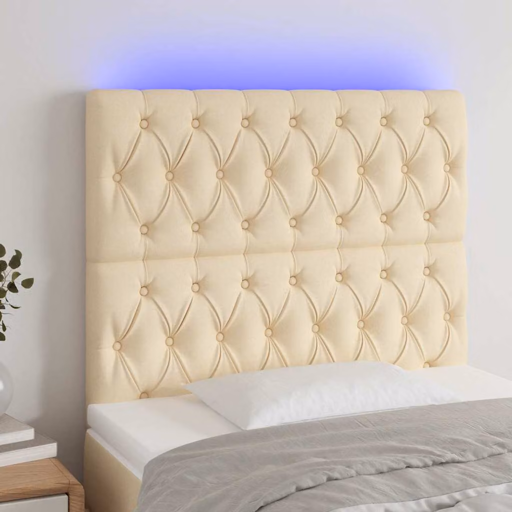 Testiera per letto vidaXL in tessuto beige con illuminazione LED e porta di ricarica USB, L 90 cm, P 7 cm, H 118-128 cm