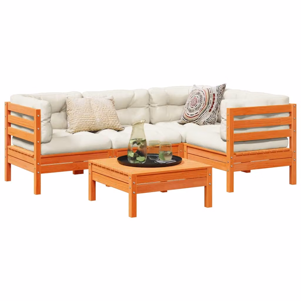 Set di divani da giardino vidaXL a forma di L in legno di pino massello con cuscini marrone e beige