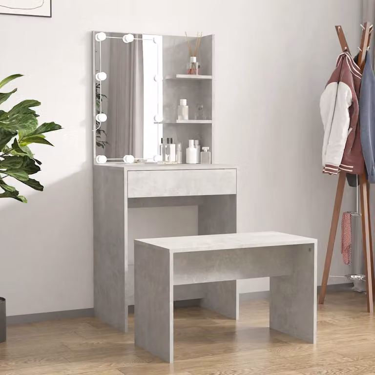 Set Tavolo da Toeletta vidaXL con LED in Legno Multistrato e Grigio Cemento L: 140 cm, P: 40 cm, H: 60 cm