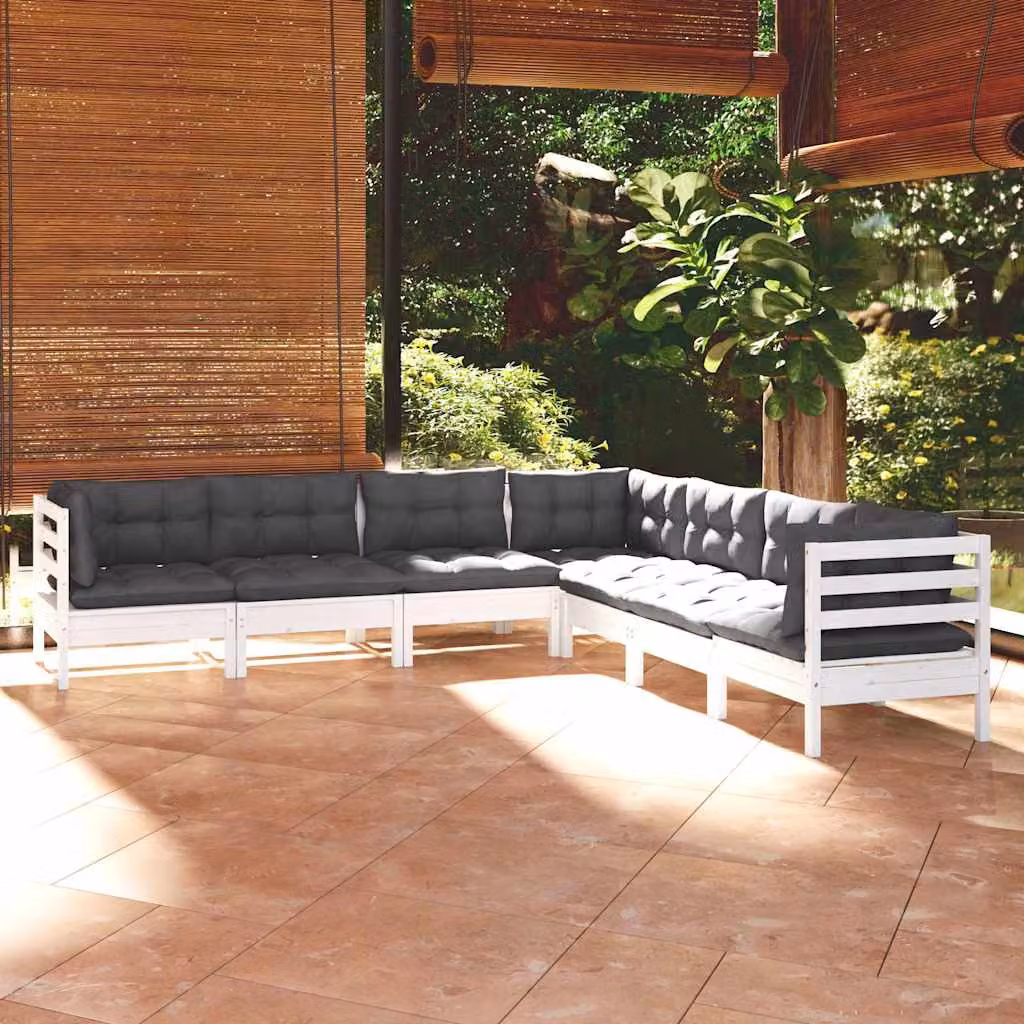 Set di divani da giardino vidaXL a forma di L composto da 7 pezzi in legno di pino con cuscini bianchi, antracite o grigi