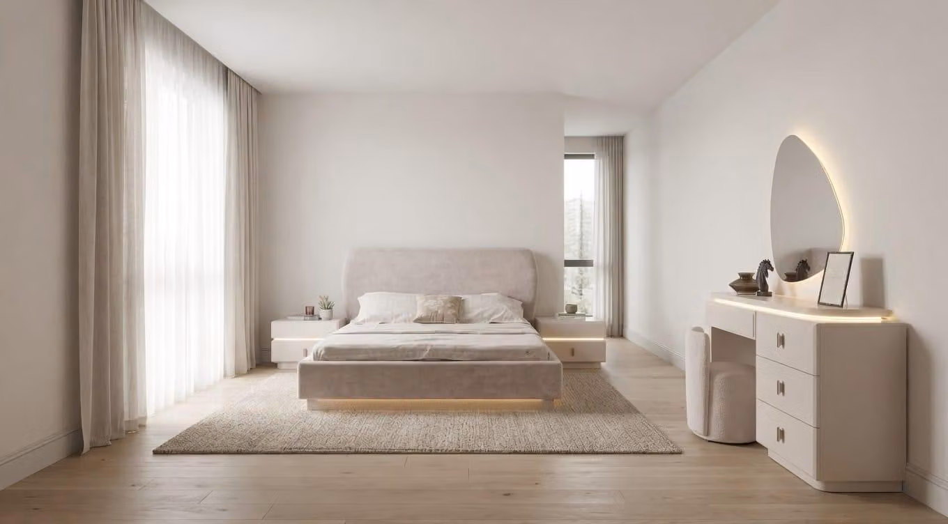 Set per camera da letto elegante: letto, comodini, tavolo da trucco, tutto in tonalità beige