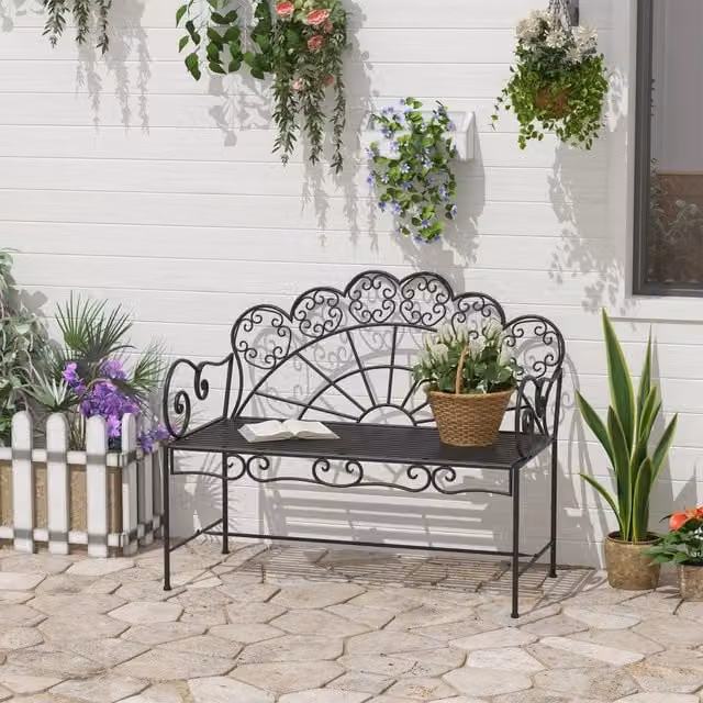 Panchina da giardino WISHDOR a 2 posti in acciaio verniciato nero con braccioli L/P/H: 107 x 55,5 x 90,5 cm – 1