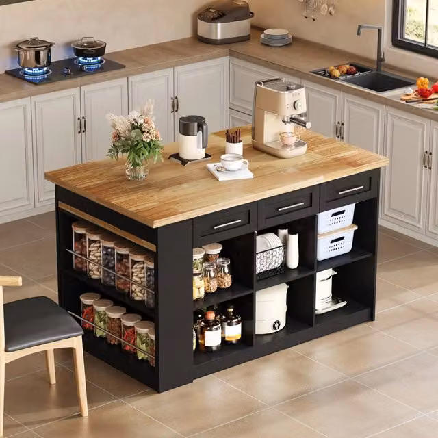 Isola da cucina Vovees Living con tavolo estraibile, 6 cassetti e ripiani regolabili in MDF, nero e legno, L: 150 cm, P: 90 cm, H: 90 cm – 1