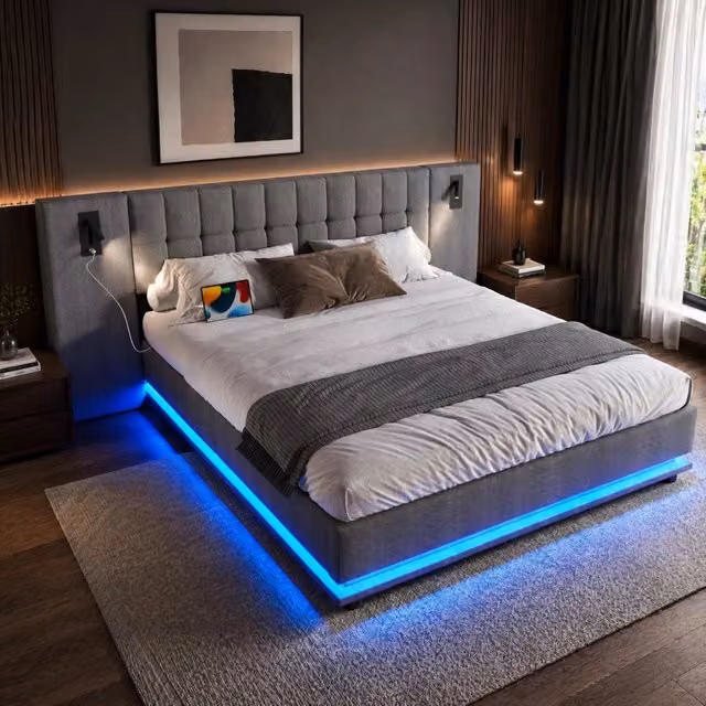 Letto matrimoniale imbottito 180 × 200 cm con LED USB e testiera con luce in lino grigio senza materasso