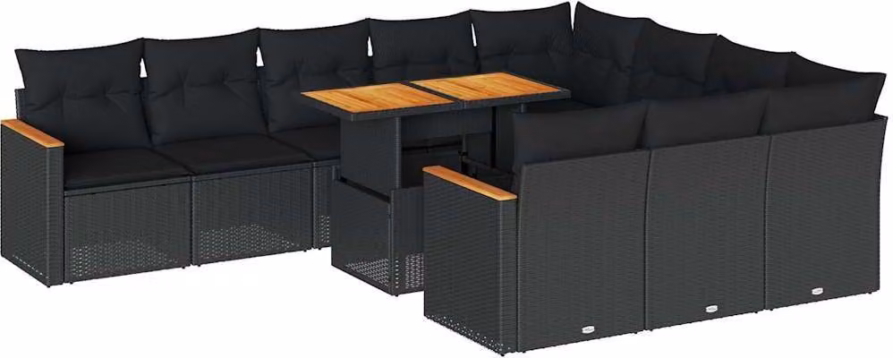 Set Divani da Giardino 11 pz con Cuscini Polyrattan Acacia Nero