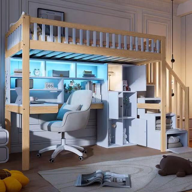 Letto a castello bianco e naturale con luci LED scaffali e scrivania in pino 90x200 cm