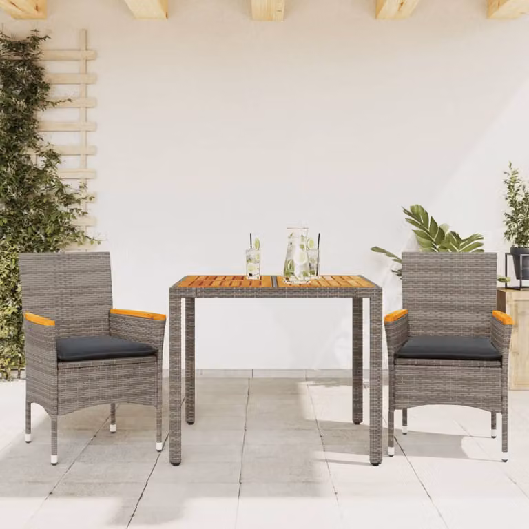 Set Pranzo da Giardino vidaXL in Polyrattan e Legno di Acacia con Cuscini, Grigio