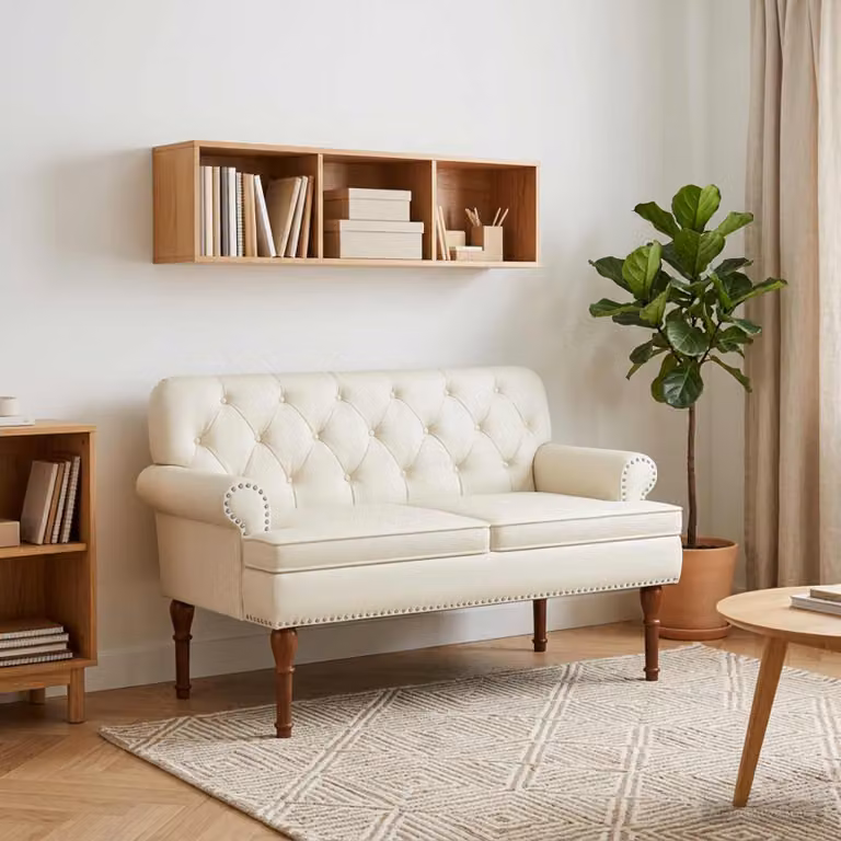 Loveseat vidaXL imbottito in velluto beige con bottoni, L: 120 cm, P: 65 cm, H: 77 cm