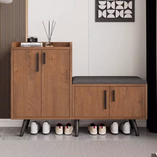 Scarpiera OKWISH con seduta imbottita in tessuto, in MDF e metallo, colore beige e marrone, L: 120 cm, P: 34 cm, H: 82,8 cm