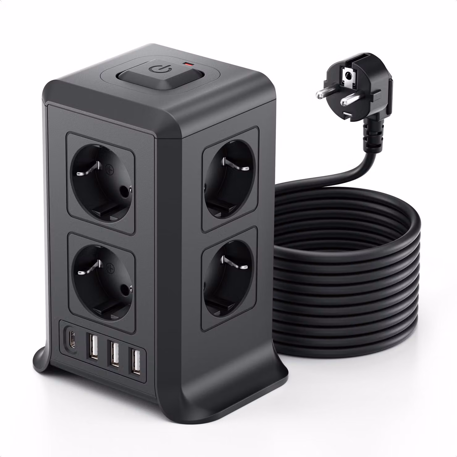 8 prese AC e 4 connettori USB, ciabatta con protezione da sovratensione, colore nero