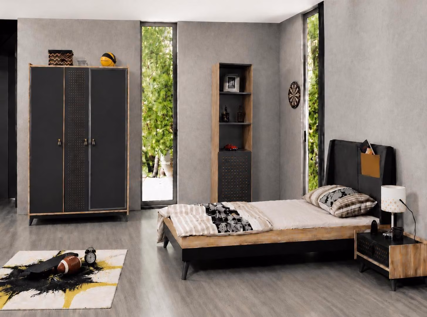 Set per camera da letto per ragazzi, con letto singolo, armadio, scaffale, colore grigio, design moderno