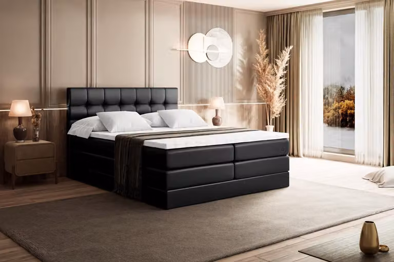 Letto boxspring ALTDECOR con materasso e rete a doghe - BERO KING 160x200 cm - Pelle finta nera - Topper, letto imbottito con contenitore, letto con vano portaoggetti H3 e H4 - Materasso, letto matrimoniale, letto boxspring