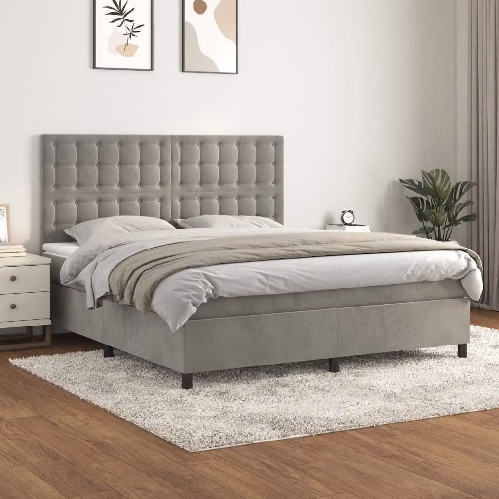 The Living Store Letto a molle con materasso grigio chiaro 160x200 cm in velluto