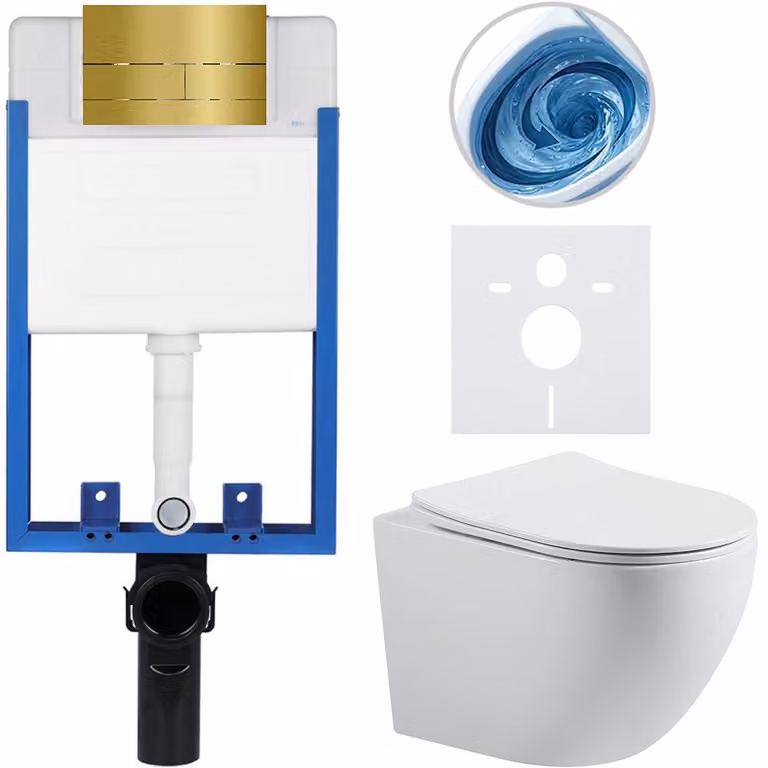 CERANO - Set completo per WC da incasso Lite/Cesso - bianco lucido - Pulsante per WC Line. dorato - da incasso - 49x36 cm