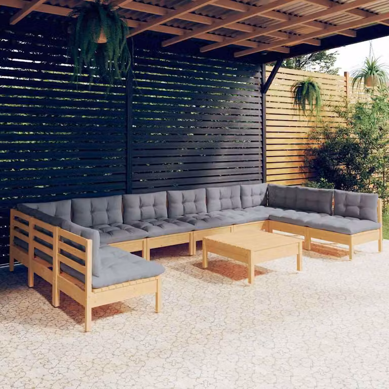 Set di divani da giardino vidaXL 11 pezzi in legno massello di pino con cuscini grigi modello a L moderno