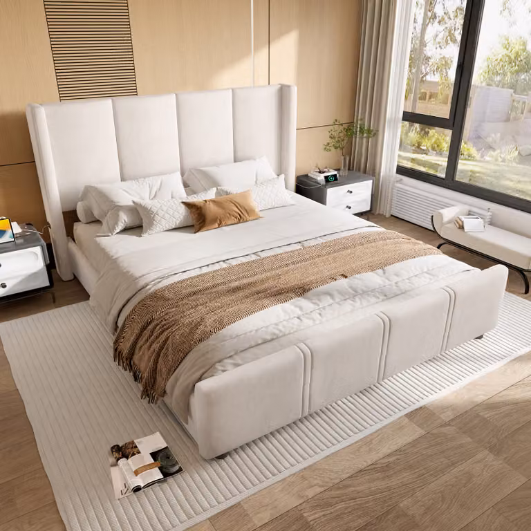 Letto imbottito MODFU, 140 x 200 cm, letto per ragazzi, letto matrimoniale con alta testiera e pediera, dotato di porta USB, combinazione di struttura in metallo e pannello in legno. Senza materasso. Colore: beige