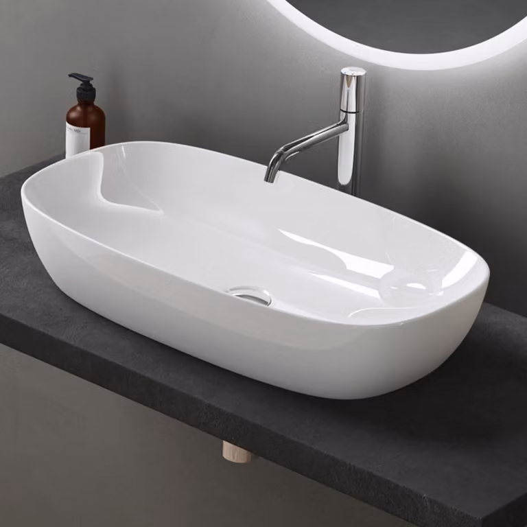 doporro Lavabo da Appoggio in Vetroceramica Bianco Lucido 60 cm, Lavandino Bagno Brüssel104
