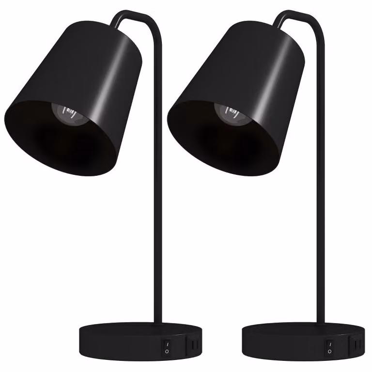 Lampade da tavolo Moonbite, set da 2 con porte USB-A e USB-C, lampade da comodino in stile industriale, attacco E27, paralume riflettente, acciaio, colore nero