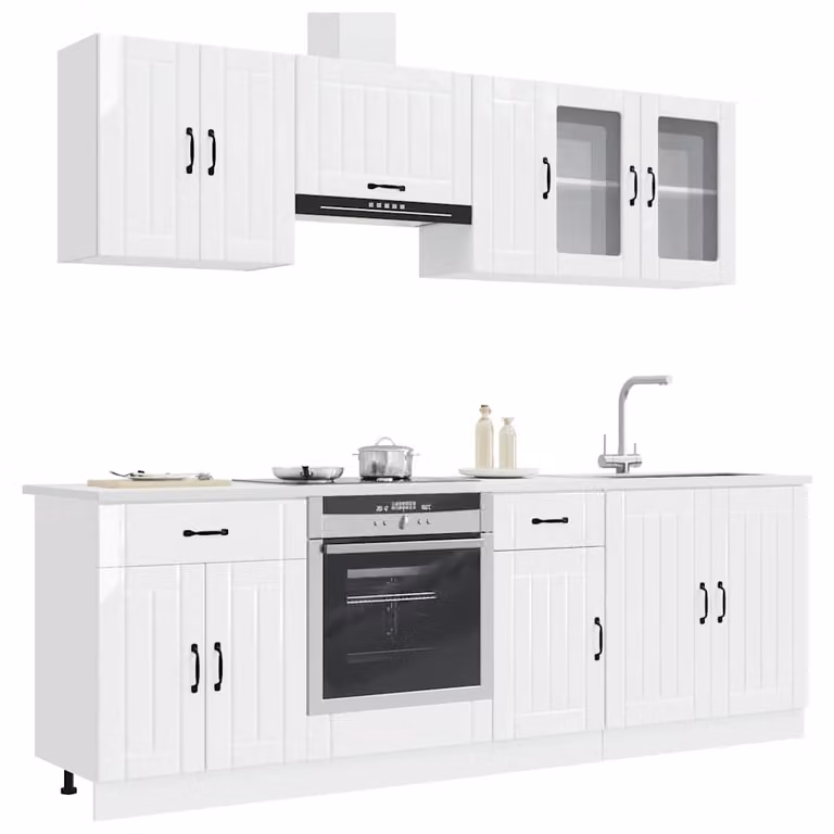 Set di mobili da cucina moderno vidaXL Lucca composto da 8 pezzi in bianco lucido con ante in vetro e legno