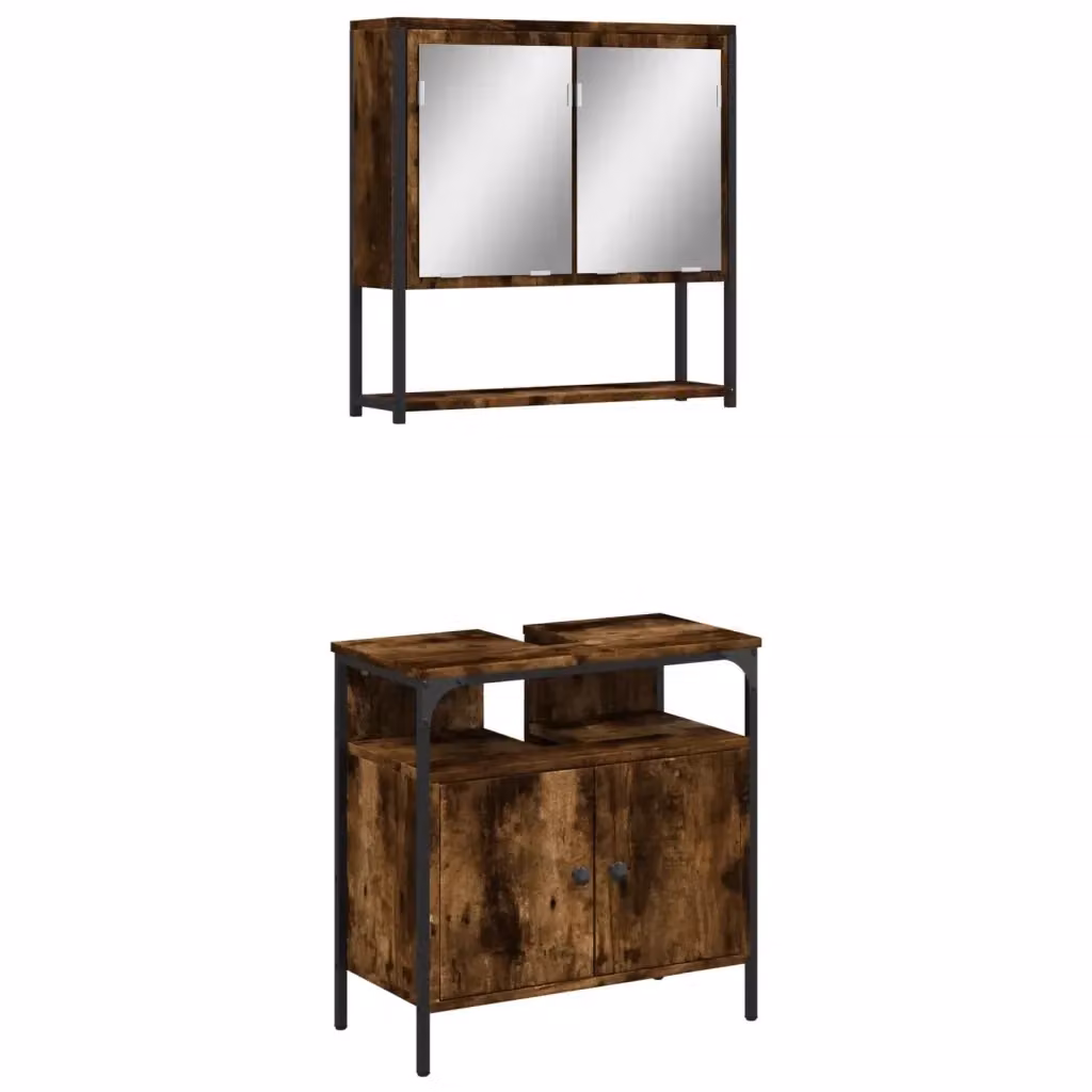 Set Mobili da Bagno vidaXL in Legno Rovere Marrone composto da Mobile Lavabo e Armadietto con Specchio L/P/H: 60 x 30 x 60 cm – 2