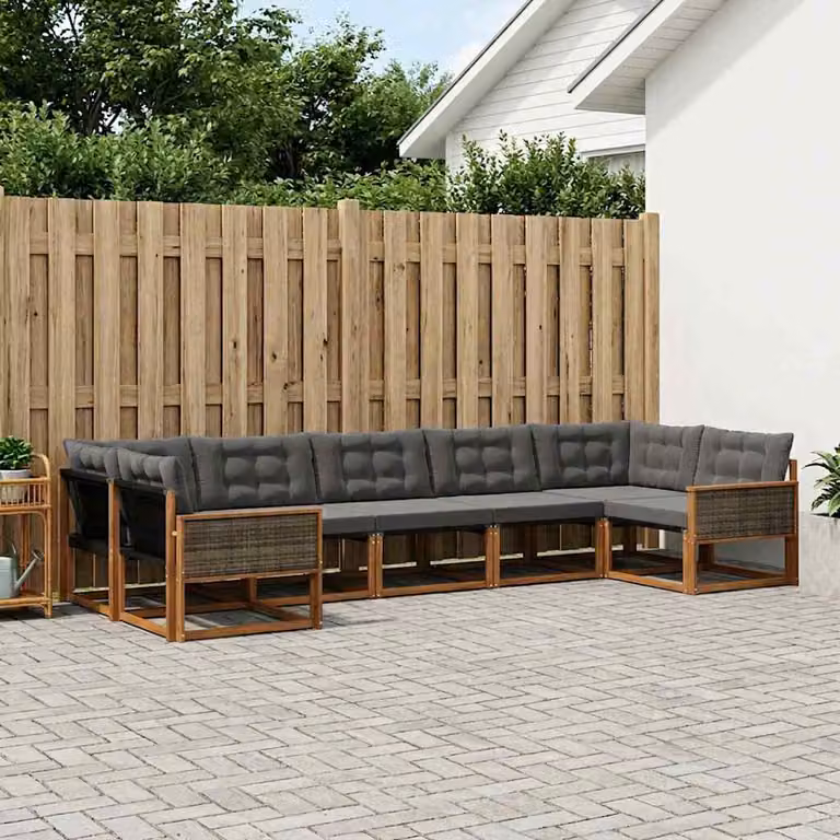 Set di divani da esterno a forma di U vidaXL in legno di acacia e textilene, 7 pezzi, Marrone, Nero e Grigio