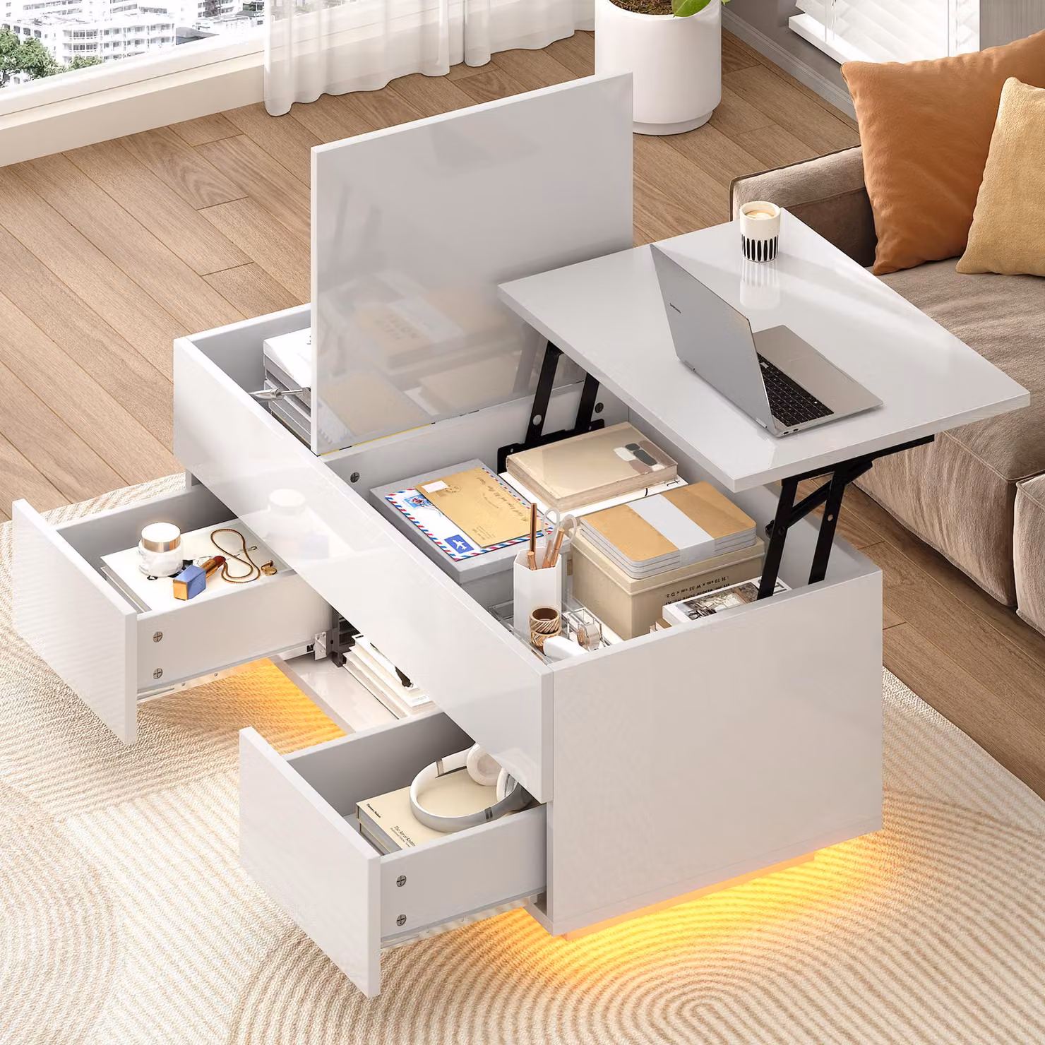 Tavolino Merax lucido con LED, tavolino da divano regolabile in altezza con 2 cassetti e vano portaoggetti, tavolino da salotto con piano ribaltabile, bianco