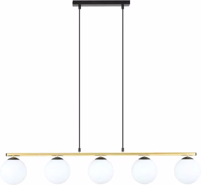 Lampada a sospensione contemporanea Alora Luceart-Classic con 5 luci in metallo oro e nero e diffusori in vetro bianco