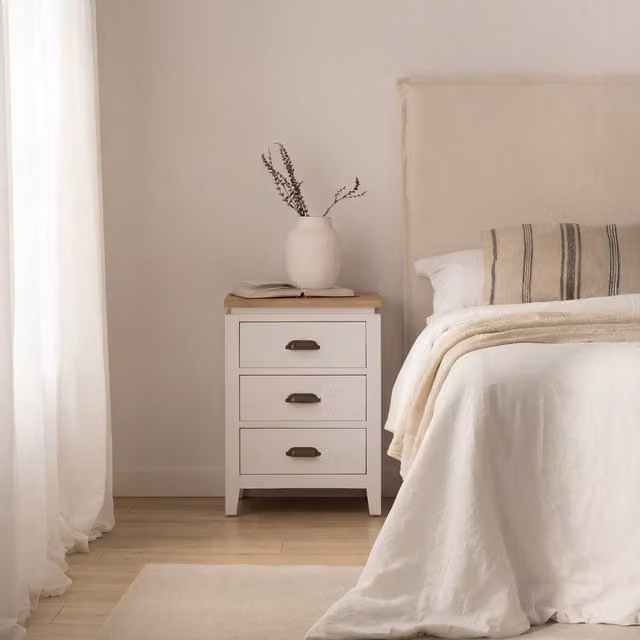 Comodino Banak in legno e metallo stile scandinavo, bianco e beige
