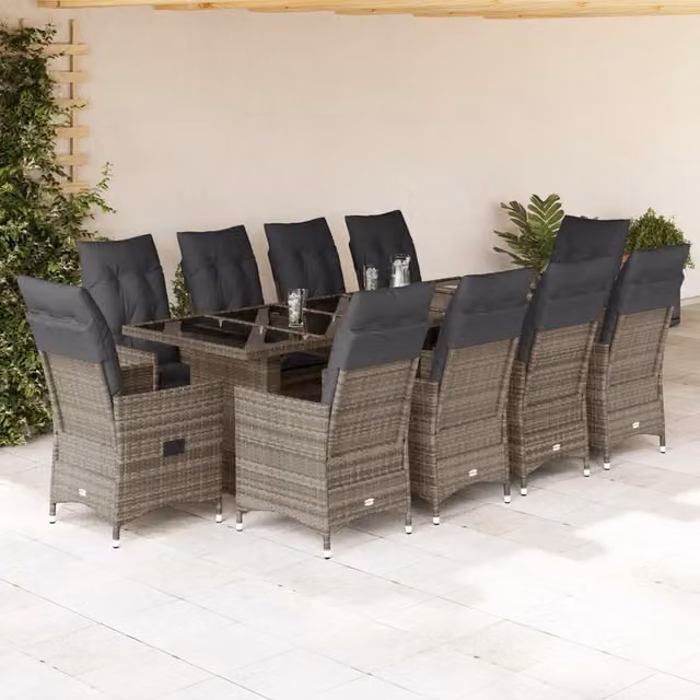 Set Bistrò da Giardino vidaXL 11 pz in Polyrattan Grigio con Cuscini e Tavolo in Vetro