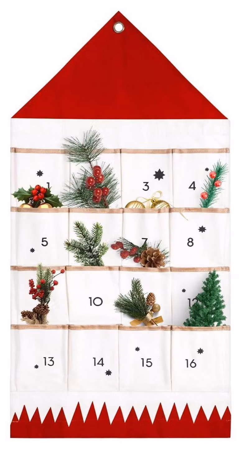 Calendario dell'Avvento da riempire, tessuto, 16 tasche, riutilizzabile, da appendere, colore rosso, dimensioni 95x48 cm