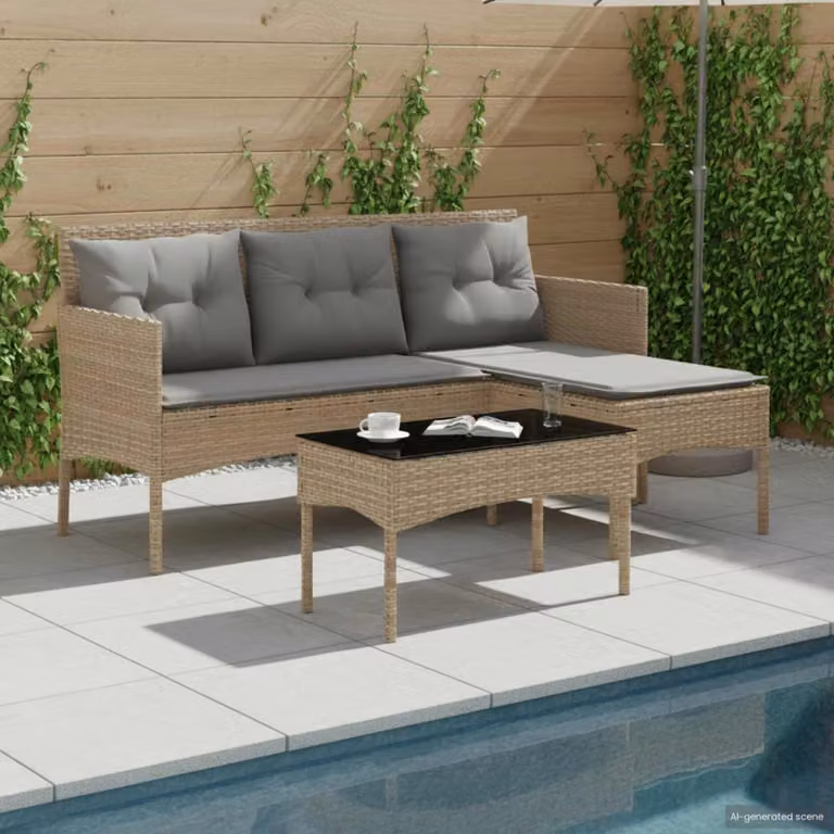 Set Divano da Giardino a L vidaXL con Elemento Angolare, Tavolino da Caffè e Cuscini Imbottiti, Colori Beige e Grigio