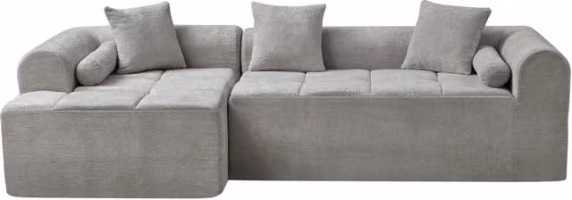 Divano angolare in tessuto chenille grigio chiaro, larghezza 263 cm, imbottitura ergonomica con molle e schiuma ad alta densità