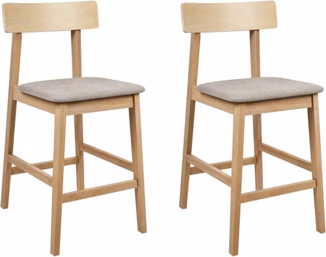 Set di 2 sedie da bar BELIANI in stile classico, colore marrone e beige, con seduta in legno di gomma e tessuto, ideali per cucina, sala da pranzo e soggiorno