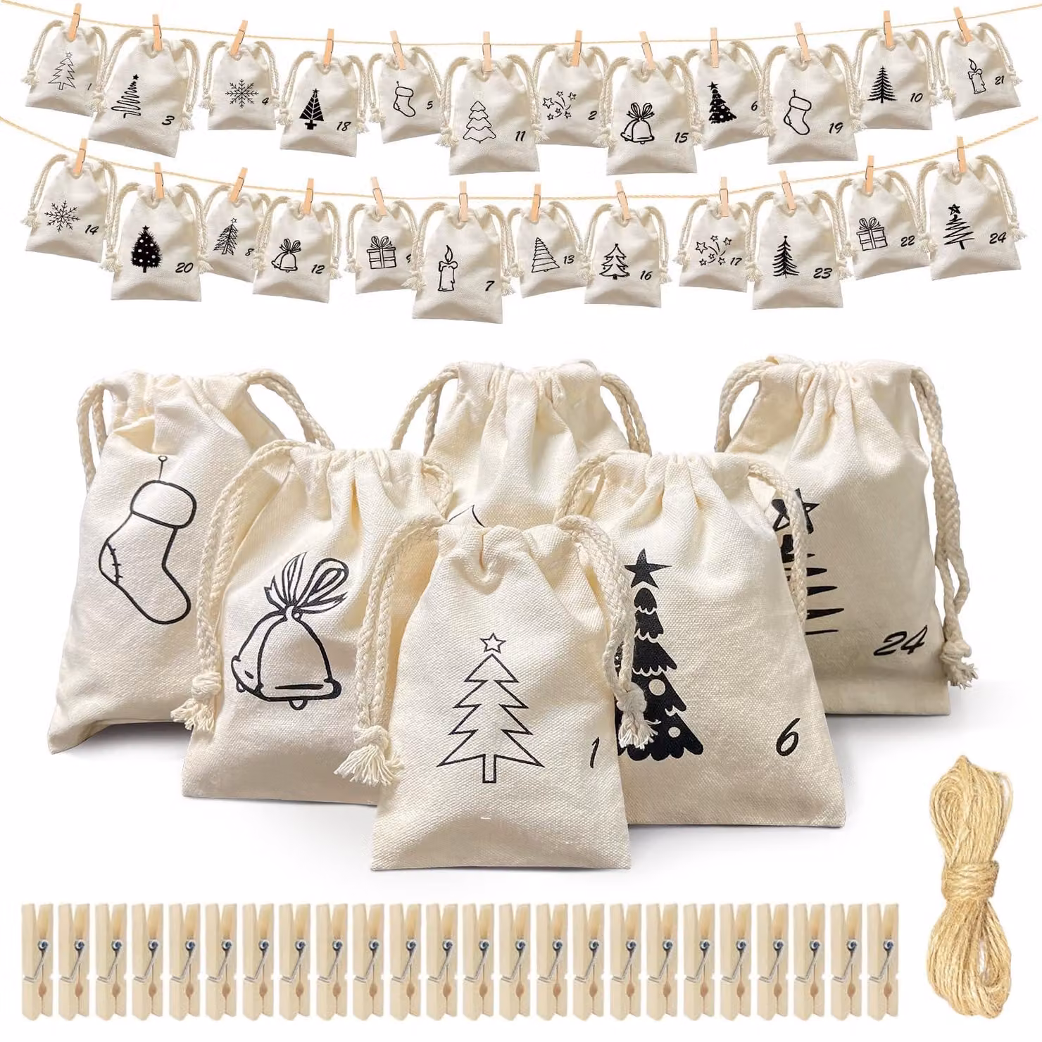 Calendario dell'Avvento da riempire, 24 tasche, 123x71 cm, in tela