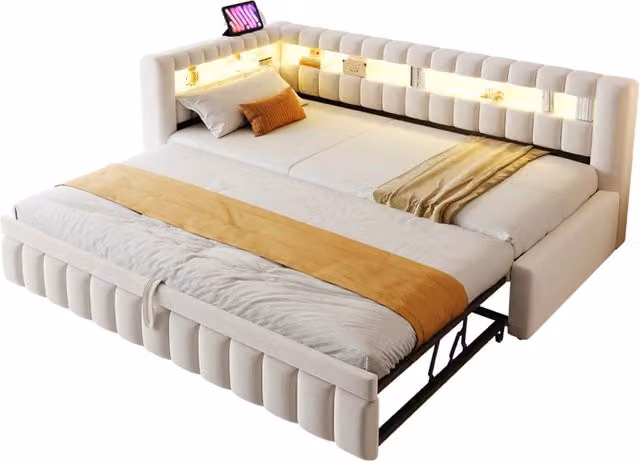 Divano letto 90x200 cm beige in velluto con LED， USB， contenitore salvaspazio， senza materasso