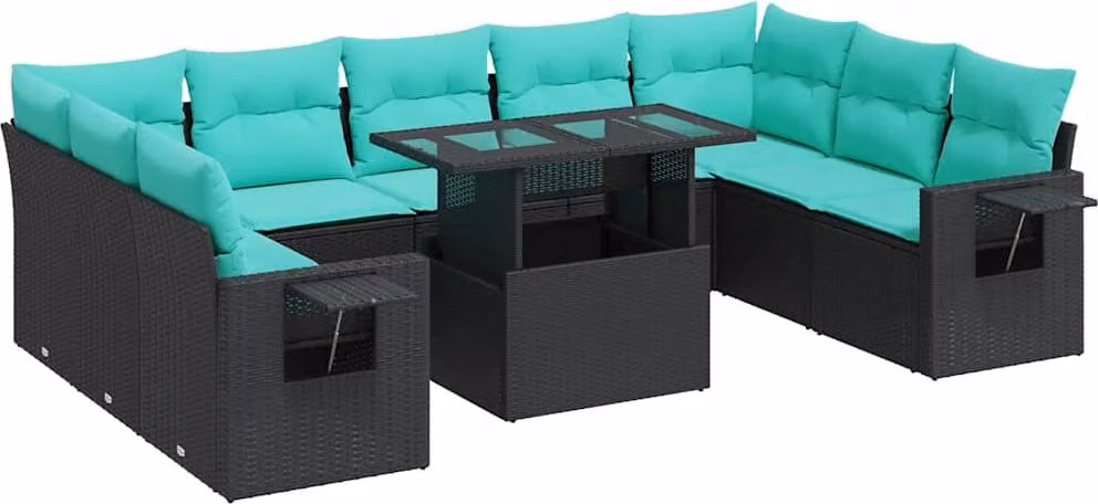 Set Divani Giardino 10pz con Cuscini Nero in Polyrattan Acacia