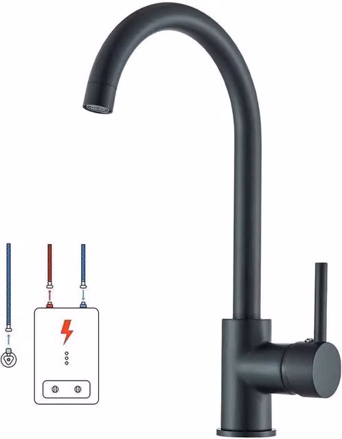 Rubinetto da cucina Hevenaov a bassa pressione in acciaio inossidabile con beccuccio girevole 360°, nero opaco