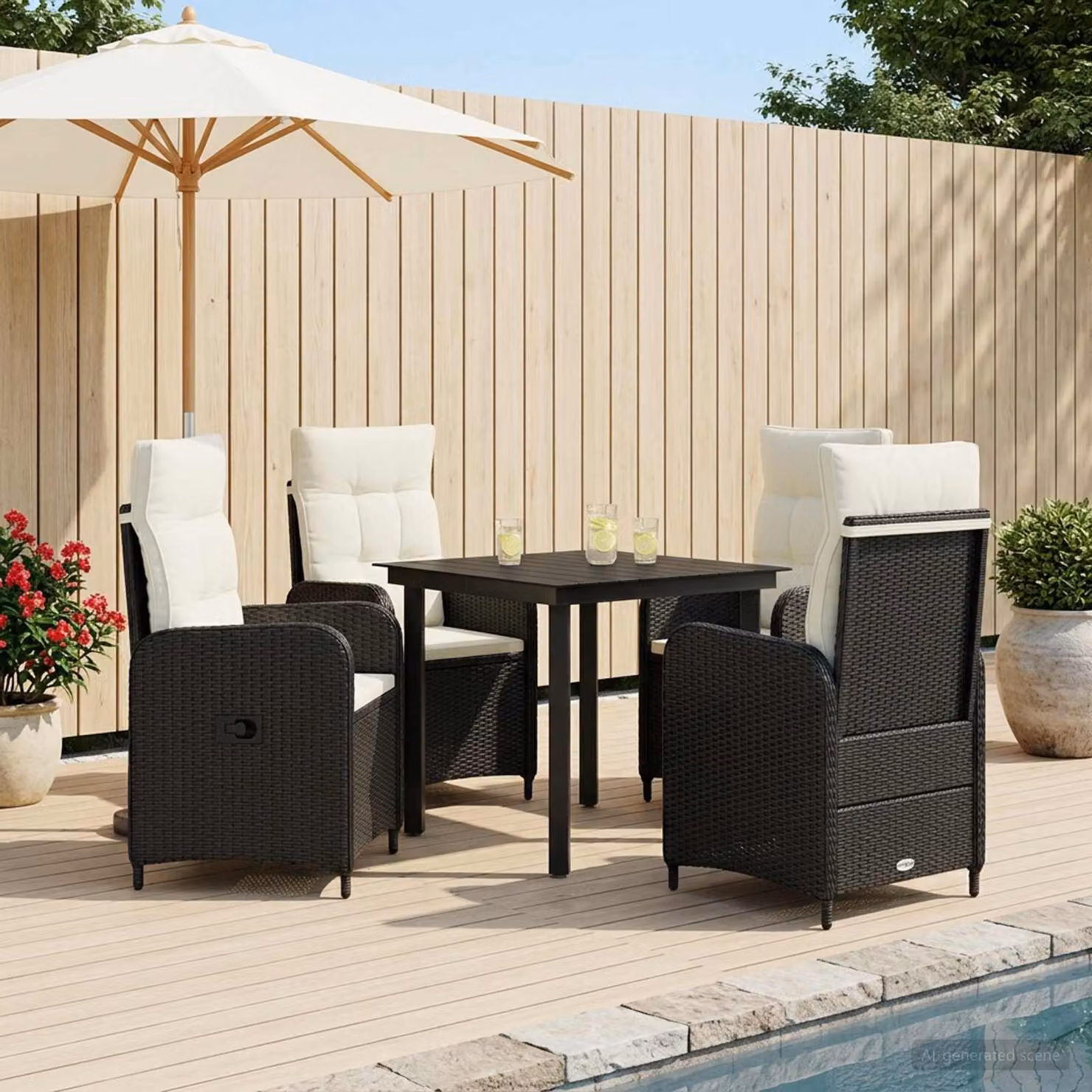 Set da pranzo per giardino e terrazzo vidaXL in polyrattan, 5 pezzi, Nero e Bianco Crema