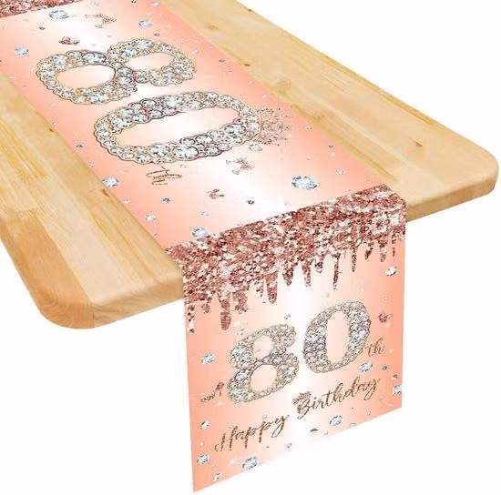 Tovaglia per festa di compleanno per l'80° compleanno di una donna, rosa-oro, 180x35 cm, set per feste in salotto