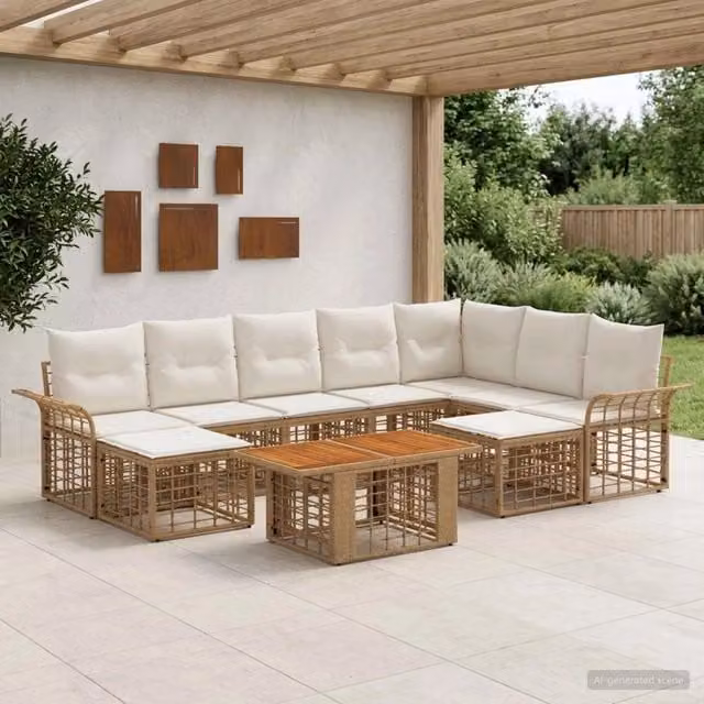 Set Divano da Giardino a L vidaXL in Polyrattan con Cuscini Beige e Bianco Crema – 1