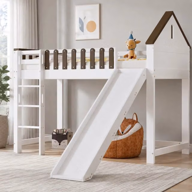 Letto a soppalco per bambini 90x200 cm con scivolo; scala a 3 gradini e recinzione; in legno e MDF bianco