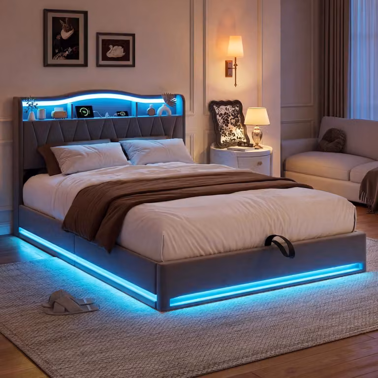 Letto imbottito ProximaX 160x200 cm in grigio, rivestimento in velluto, letto a scomparsa con testiera con vano portaoggetti, illuminazione a LED RGB, presa USB, vano portaoggetti idraulico, rete a doghe