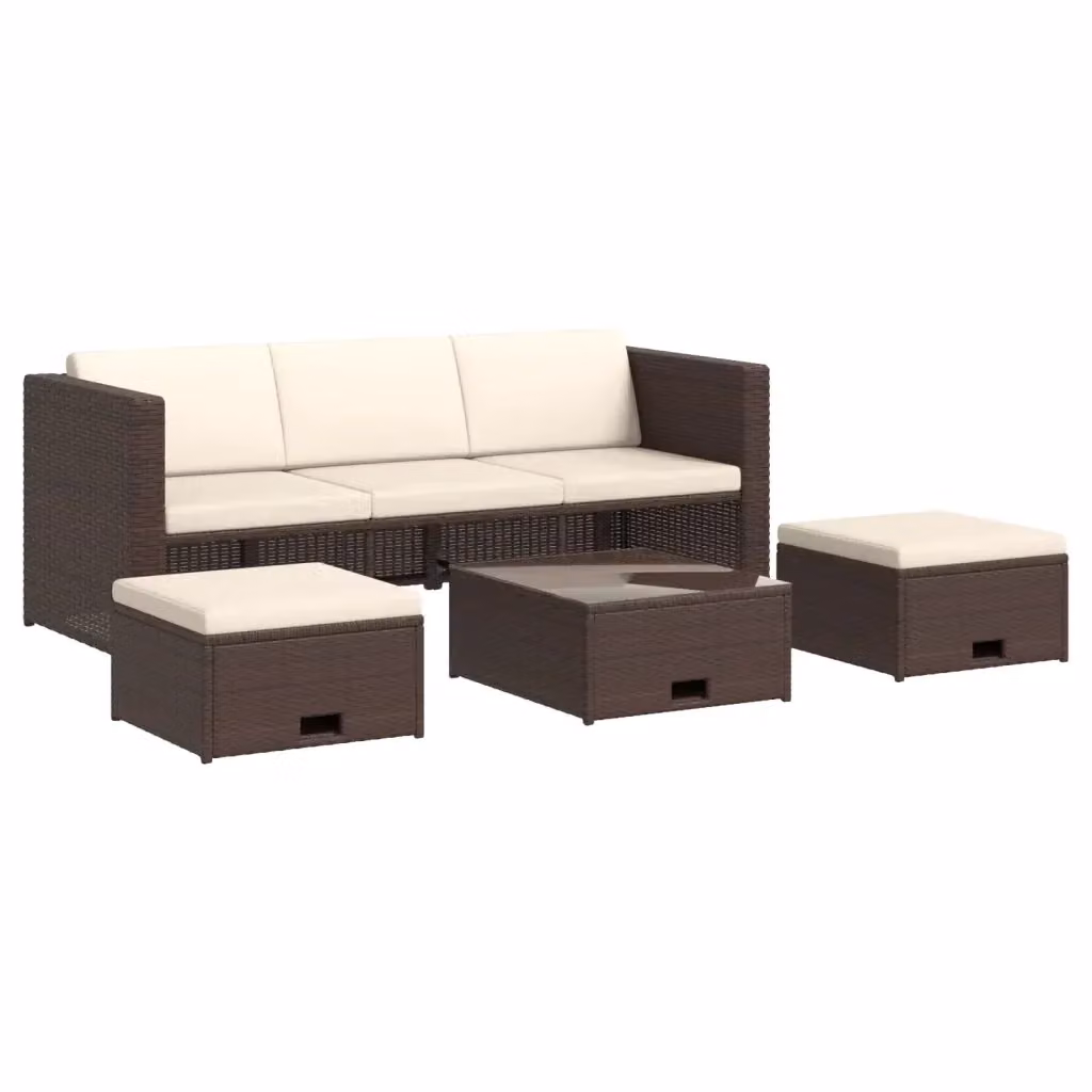 Set da giardino vidaXL composto da divano a 3 posti, tavolino, pouf e cuscini in rattan marrone e bianco con struttura in metallo e coperture rimovibili – 2