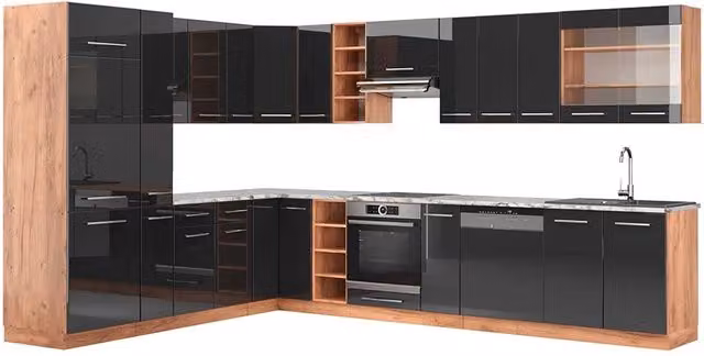 Cucina angolare completa Fame-Line Vicco in antracite lucido e rovere dorato, L: 347 cm, P: 257 cm