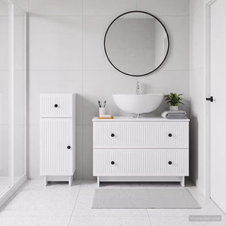 Set di 2 mobili da bagno vidaXL in legno bianco lucido con ante a cerniera e ripiani interni, L/P/H: 82,0 x 35,6 x 59,0 cm e 41,0 x 35,6 x 82,0 cm